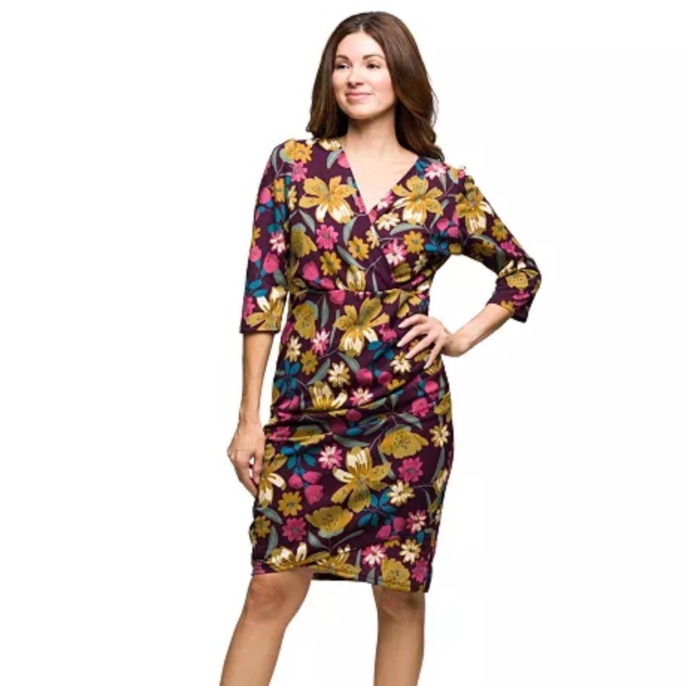24seven Comfort Apparel Women's Floral Print Faux Wrap Dress